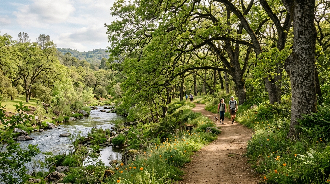 Bidwell Park trail in Chico California with spring greenery and people walking