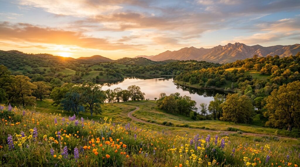 Butte County California landscape with hills, wildflowers, lake, and Northern California scenery