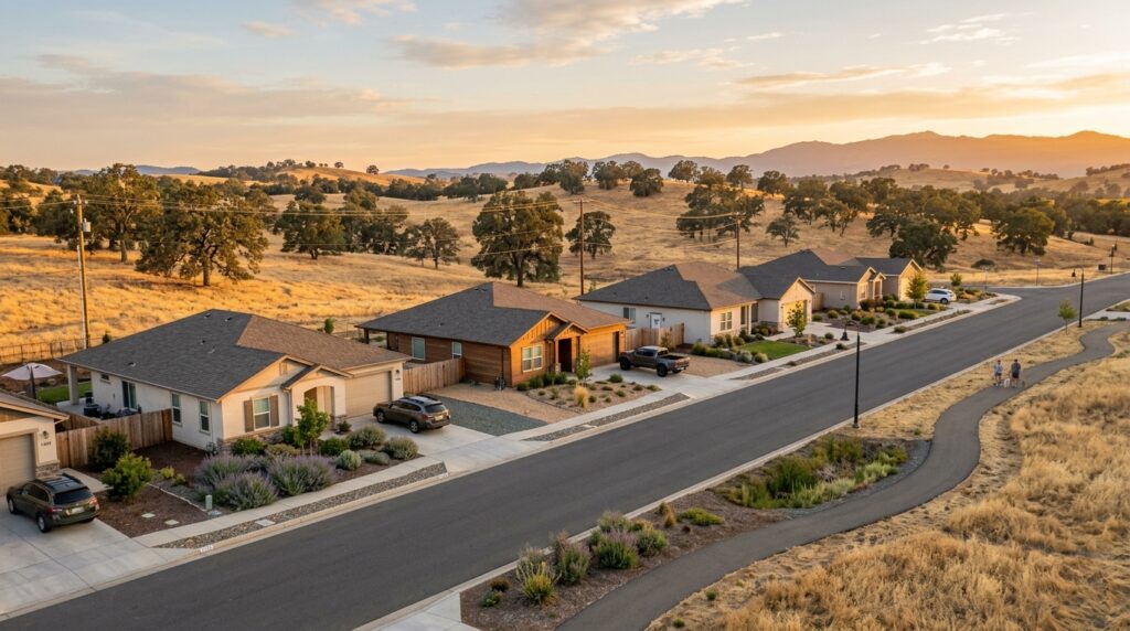 Butte County wildfire preparedness neighborhood with defensible space near dry grassland