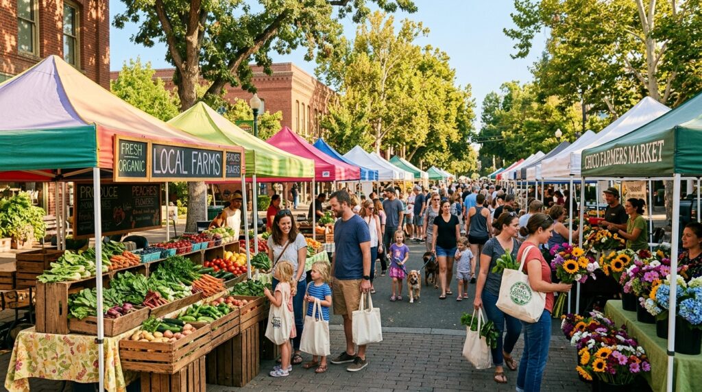 Chico farmers market with fresh produce, flowers, vendors, and local shoppers