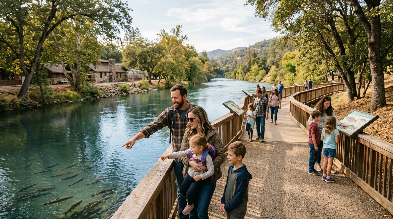 Families visiting the Feather River area and fish hatchery in Oroville California