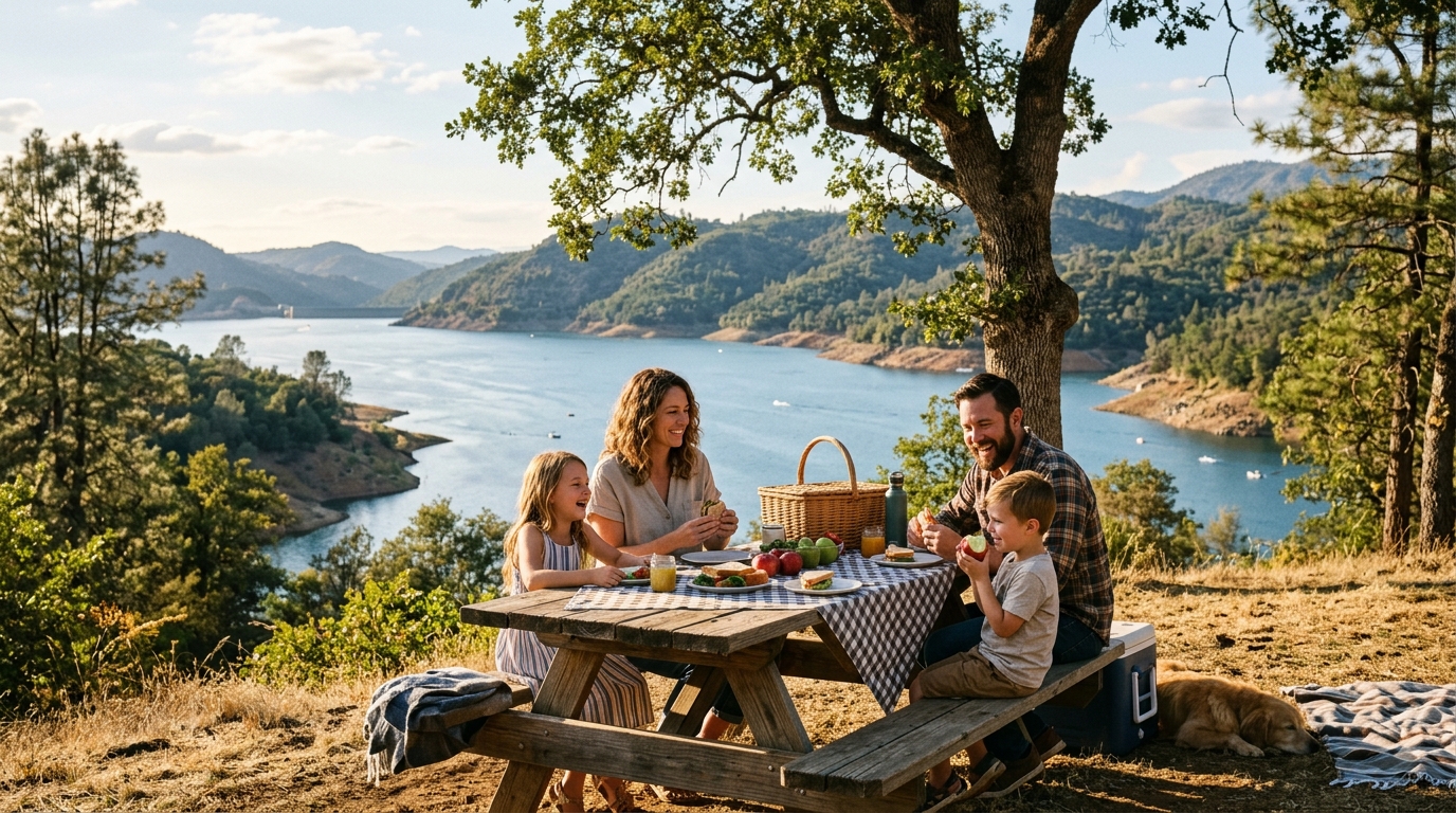 Family picnic near Lake Oroville in Butte County California