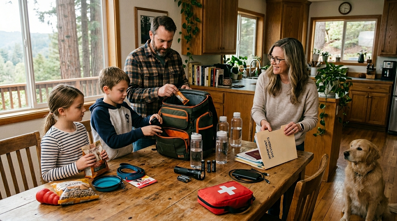 Family preparing an emergency go bag for wildfire season in Butte County