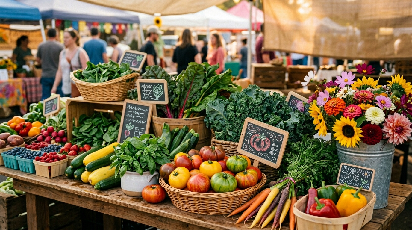 Fresh seasonal produce at a Chico farmers market booth