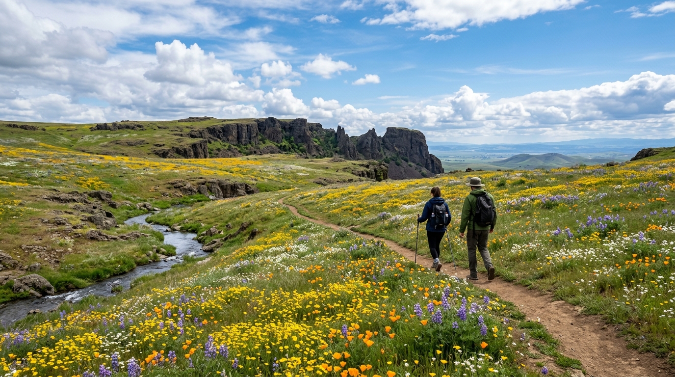 Hikers exploring North Table Mountain wildflowers in Butte County California