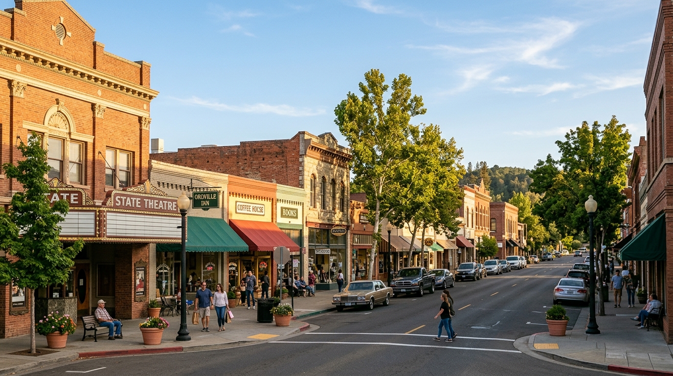 Historic downtown Oroville California with local shops and small-town streets