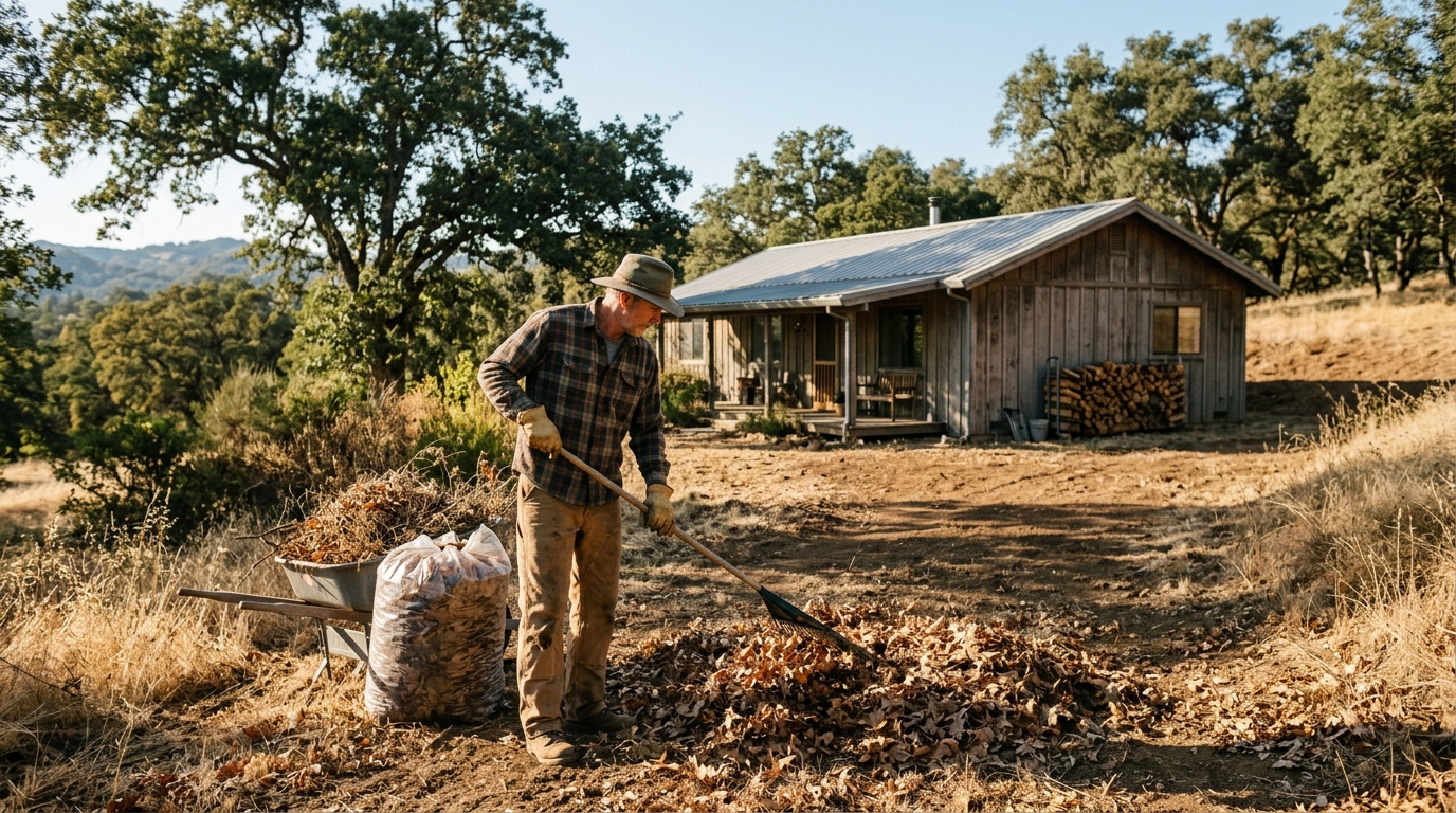 Homeowner clearing dry vegetation for defensible space in Butte County California