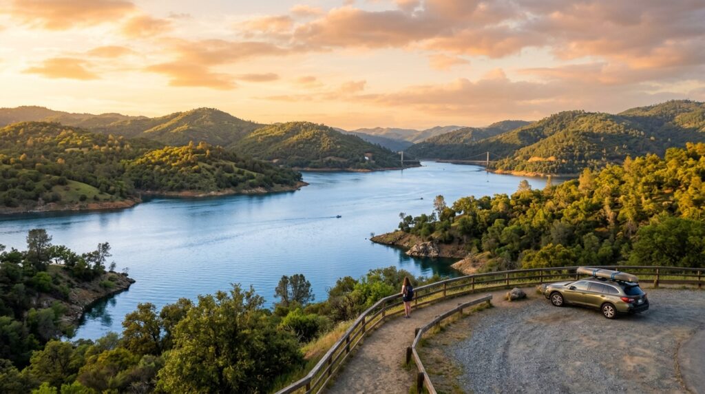 Lake Oroville recreation area in Butte County California with blue water and green hills