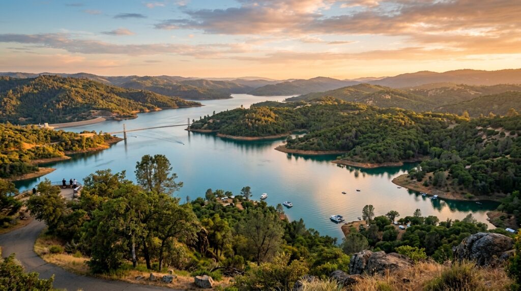 Lake Oroville view in Oroville California with blue water and green hills