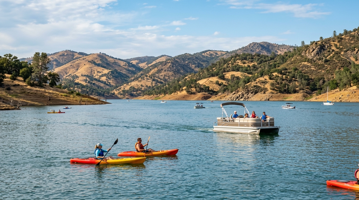 People boating and kayaking on Lake Oroville in Northern California