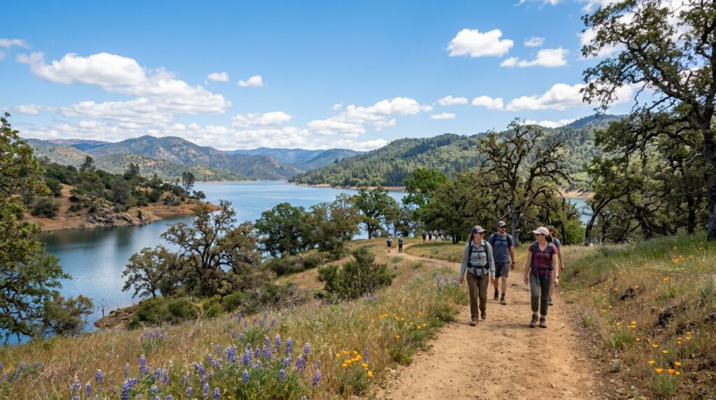 People enjoying an outdoor trail near a lake in Butte County California