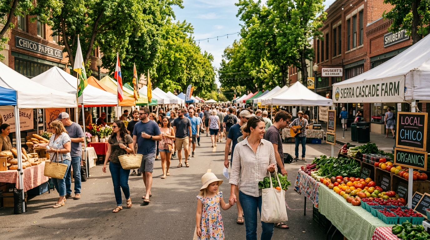 People shopping at a downtown Chico farmers market in Butte County California