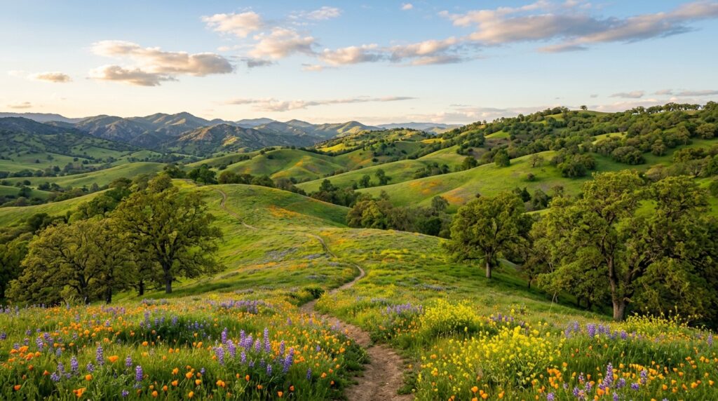 Spring outdoor scenery in Butte County California with wildflowers and rolling hills