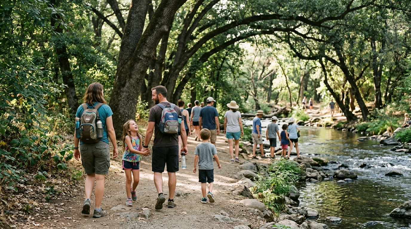Families staying cool in shaded areas of Bidwell Park during summer